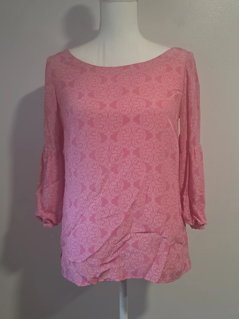 Lilly Pulitzer Pink Patterned Boatneck Puff 3/4 Sleeve Blouse Women's Size 2